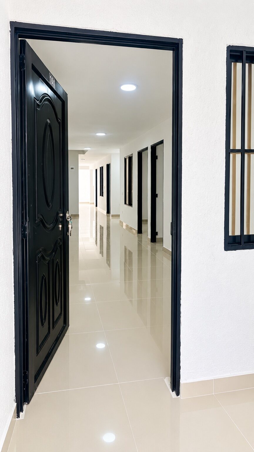 Pasillo interior del apartamento 101 del edificio en el barrio Bolivariano
