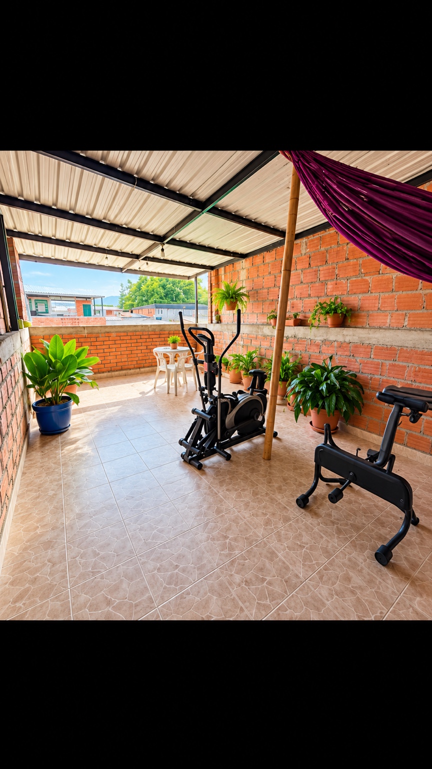 Terraza cubierta y patio de la casa en Salomia